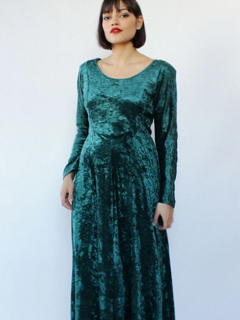 Vintage Teddi Crushed Velvet Long Sleeve Maxi Dress Witchy Grunge Teal Size XL